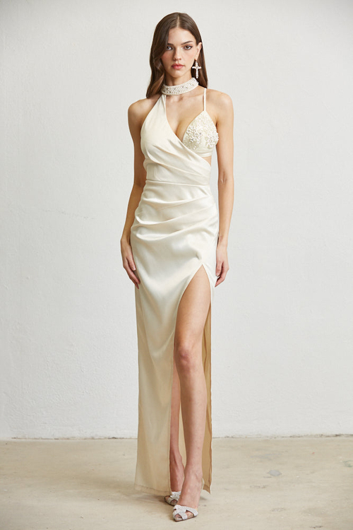 ALINA- LUXE SATIN MOCKNECK W/BEADING DETAIL MAXI DRESS