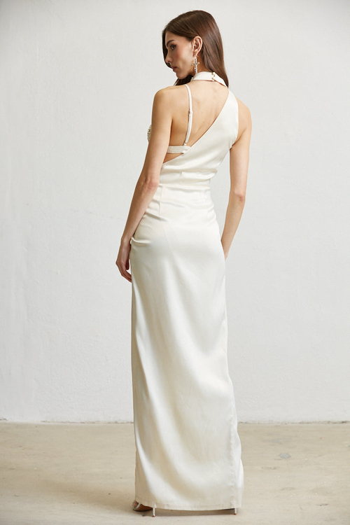 ALINA- LUXE SATIN MOCKNECK W/BEADING DETAIL MAXI DRESS