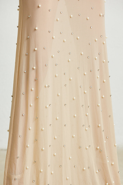 MAGNOLIA- SHEER FAUX FEATHER CUFFS MAXI DRESS