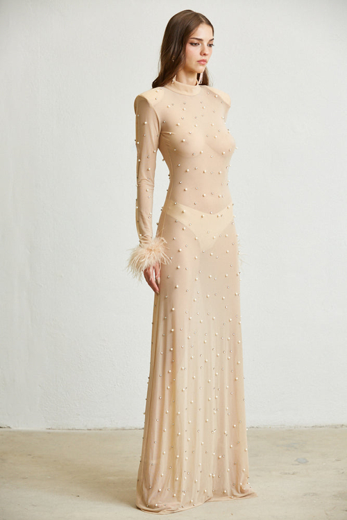 MAGNOLIA- SHEER FAUX FEATHER CUFFS MAXI DRESS