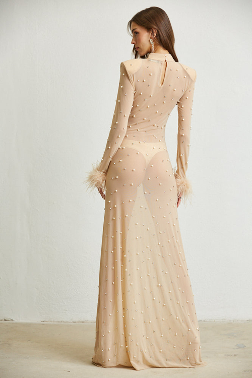 MAGNOLIA- SHEER FAUX FEATHER CUFFS MAXI DRESS