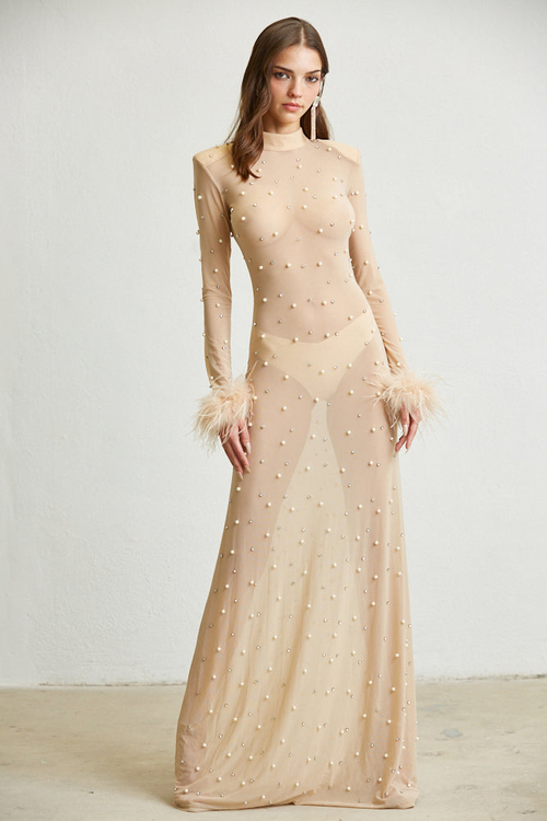 MAGNOLIA- SHEER FAUX FEATHER CUFFS MAXI DRESS