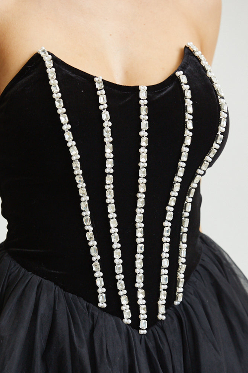 AVA- RHINESTONE PEARL DETAILING TULLE MINI DRESS