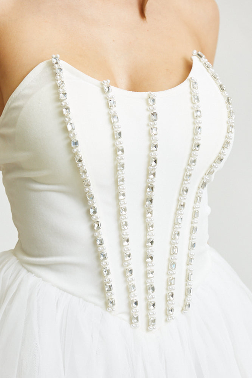 AVA- RHINESTONE PEARL DETAILING TULLE MINI DRESS