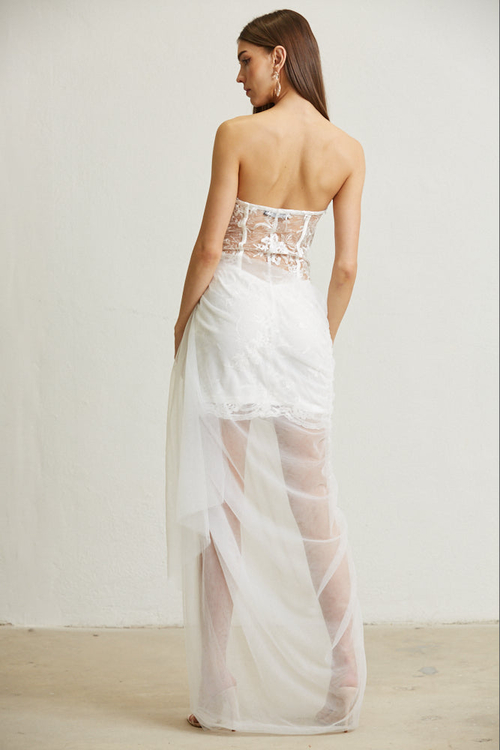 LEILANI- FLOWER PATTERN CORSET TULLE SASH MAXI DRESS