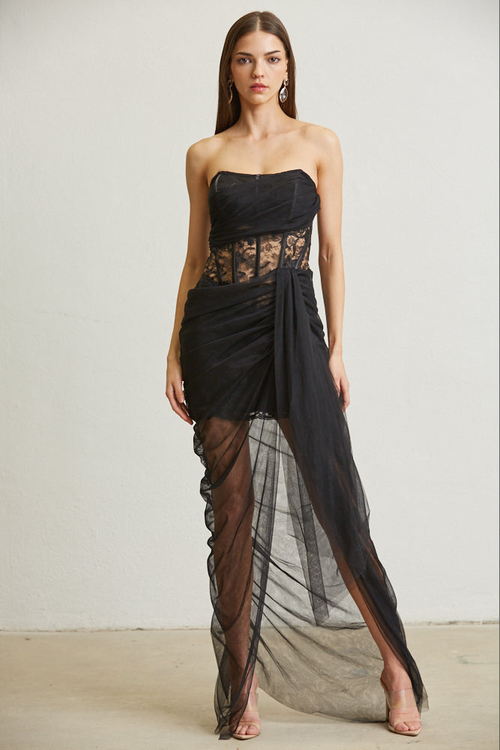 LEILANI- FLOWER PATTERN CORSET TULLE SASH MAXI DRESS