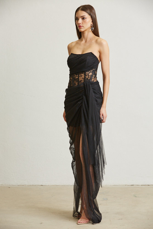 LEILANI- FLOWER PATTERN CORSET TULLE SASH MAXI DRESS