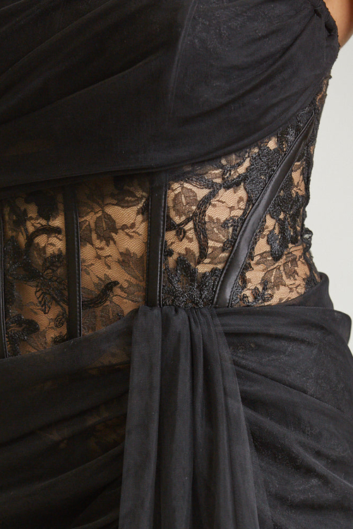 LEILANI- FLOWER PATTERN CORSET TULLE SASH MAXI DRESS