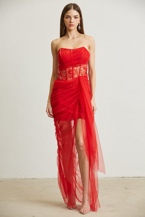 LEILANI- FLOWER PATTERN CORSET TULLE SASH MAXI DRESS