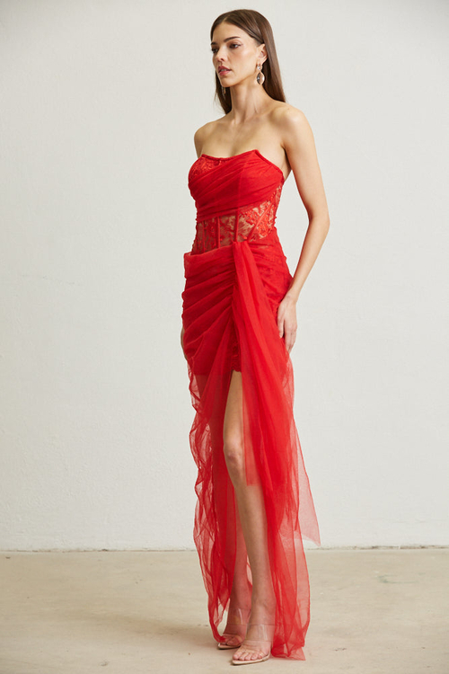 LEILANI- FLOWER PATTERN CORSET TULLE SASH MAXI DRESS