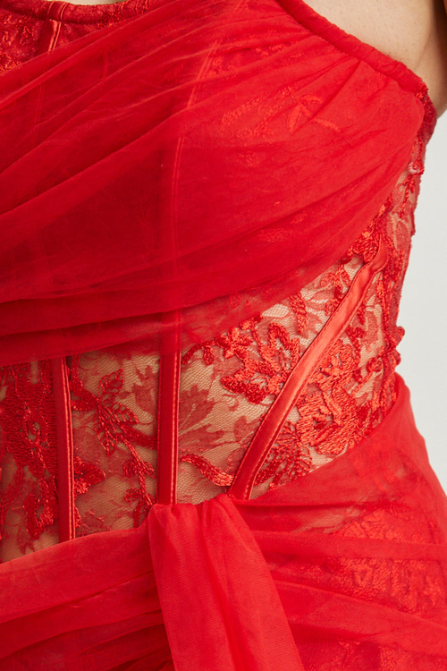 LEILANI- FLOWER PATTERN CORSET TULLE SASH MAXI DRESS