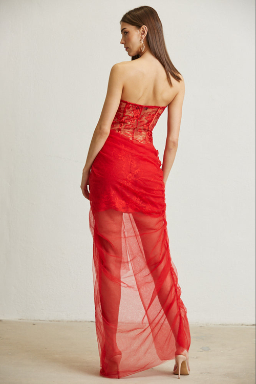 LEILANI- FLOWER PATTERN CORSET TULLE SASH MAXI DRESS