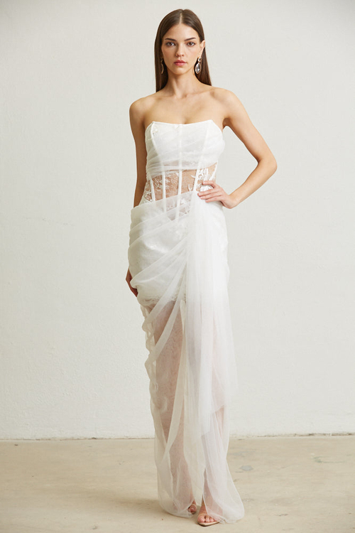 LEILANI- FLOWER PATTERN CORSET TULLE SASH MAXI DRESS