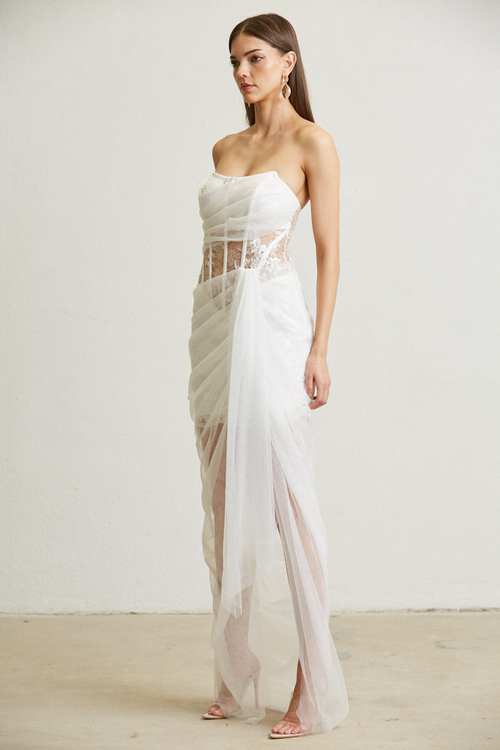 LEILANI- FLOWER PATTERN CORSET TULLE SASH MAXI DRESS