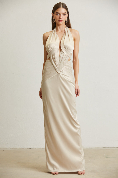 RILEY- LUXE SATIN PLEATED DETAILING BACKLESS MAXI DRESS