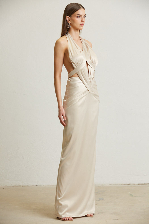 RILEY- LUXE SATIN PLEATED DETAILING BACKLESS MAXI DRESS