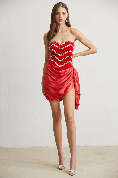 EMERSYN- VELVET SATIN RHINESTONE FRONT DETAIL MINI DRESS