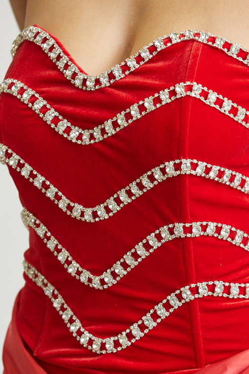 EMERSYN- VELVET SATIN RHINESTONE FRONT DETAIL MINI DRESS
