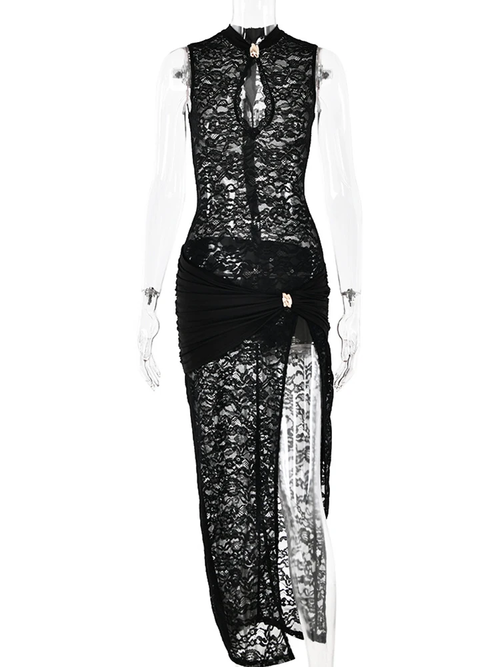 DILANI- BLACK LACE RUCHED SPLIT MAX DRESS